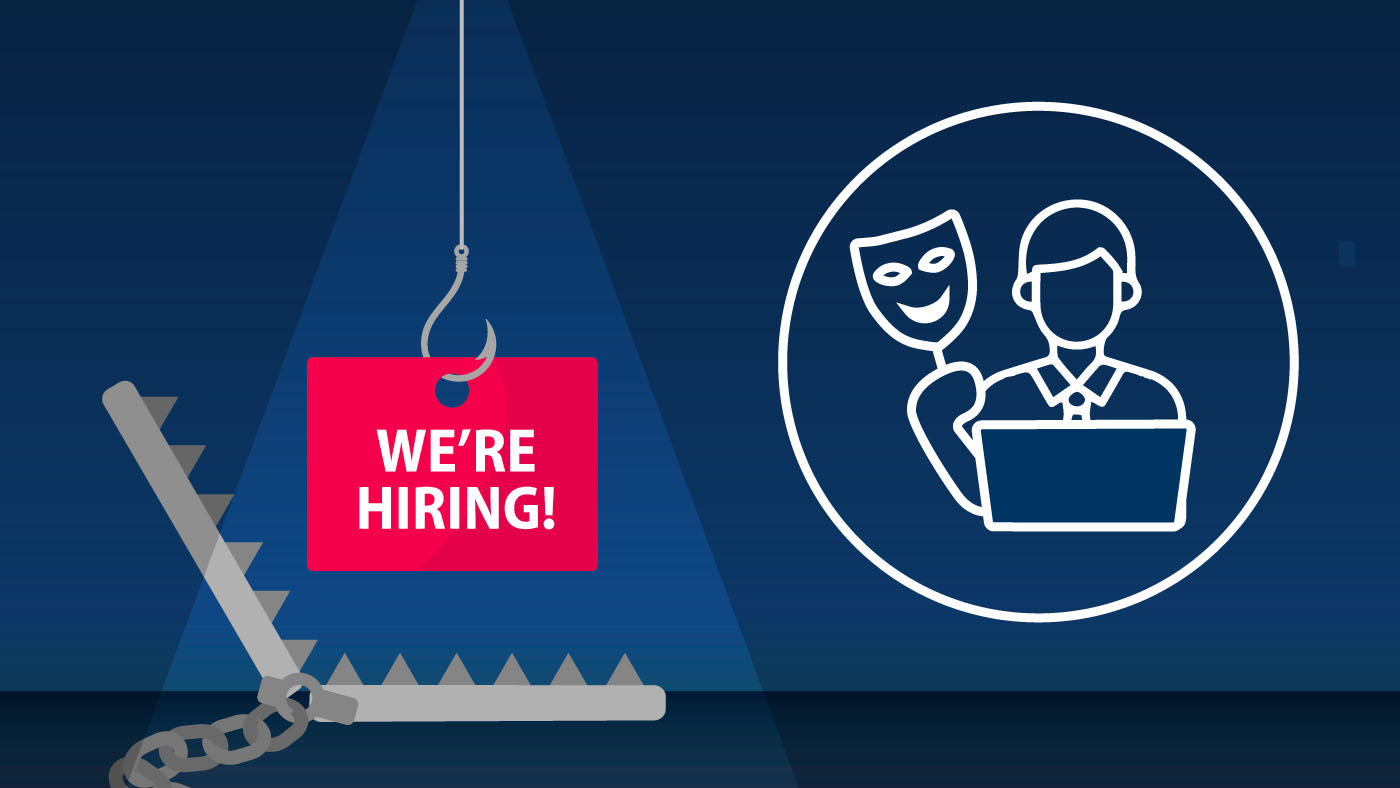 A ‘We’re Hiring” sign hanging over a malicious-looking laptop while nearby is a person about to put on a mask, representing they’re an imposter.